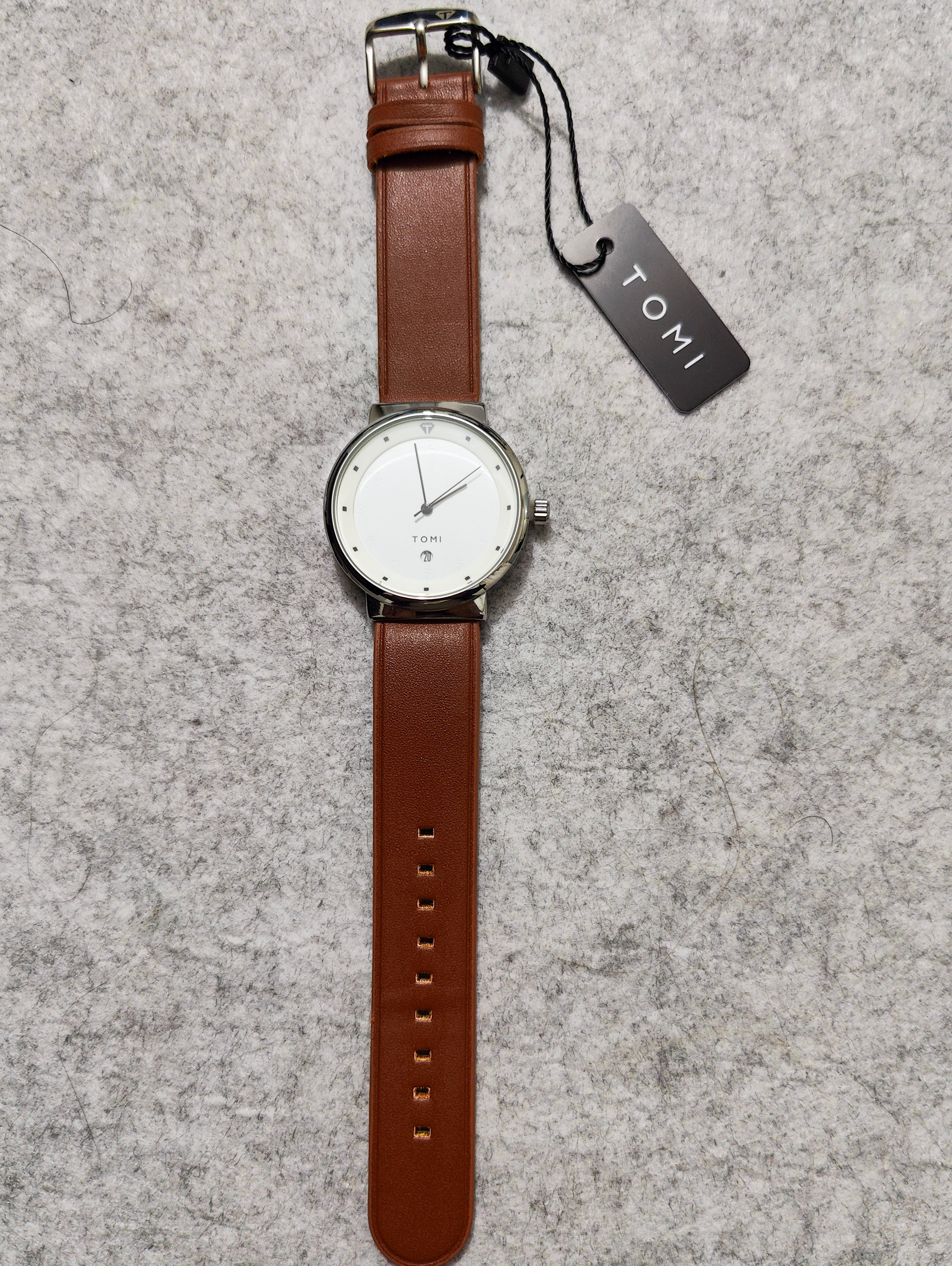 TOMI White Dial And Brown Leather Strip Date Quartz Luxury Slim Watch – New Arrival