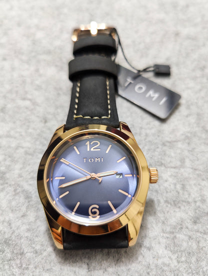 TOMI Blue Dial Quartz Watch – Gold Tone Case with Black Leather Strap