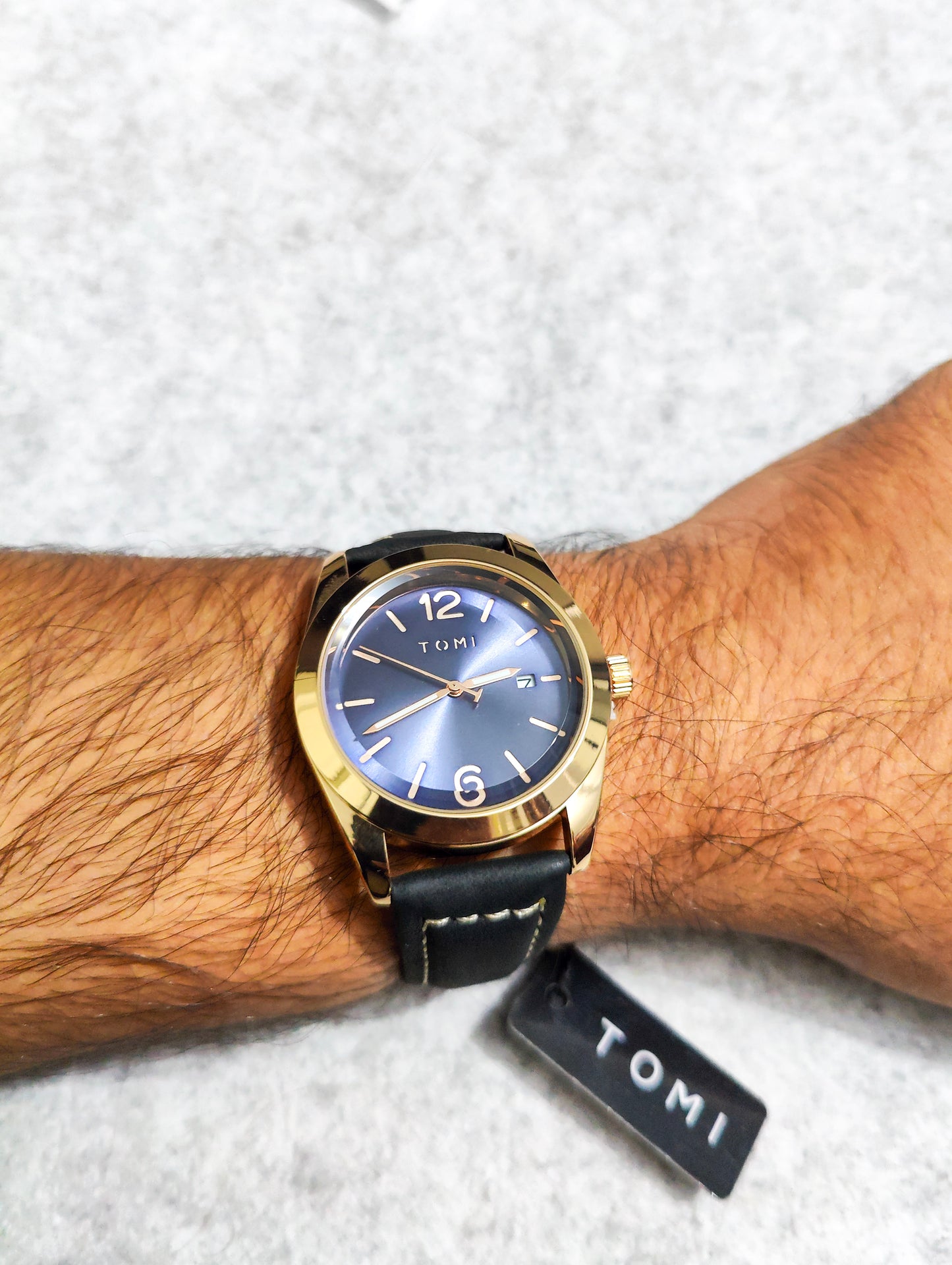TOMI Blue Dial Quartz Watch – Gold Tone Case with Black Leather Strap
