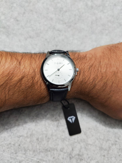 TOMI Formal White Dial Quartz Watch – Black Leather Strap (Slim Design with Date)
