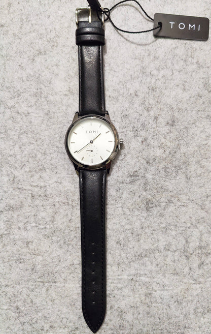 TOMI Formal White Dial Quartz Watch – Black Leather Strap (Slim Design with Date)