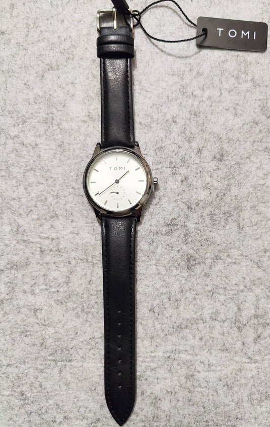 TOMI Formal White Dial Quartz Watch – Black Leather Strap (Slim Design with Date)