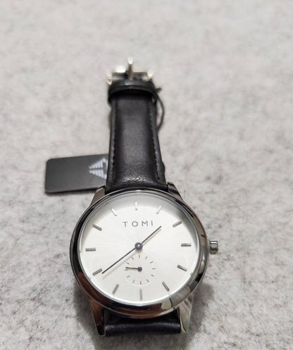TOMI Formal White Dial Quartz Watch – Black Leather Strap (Slim Design with Date)