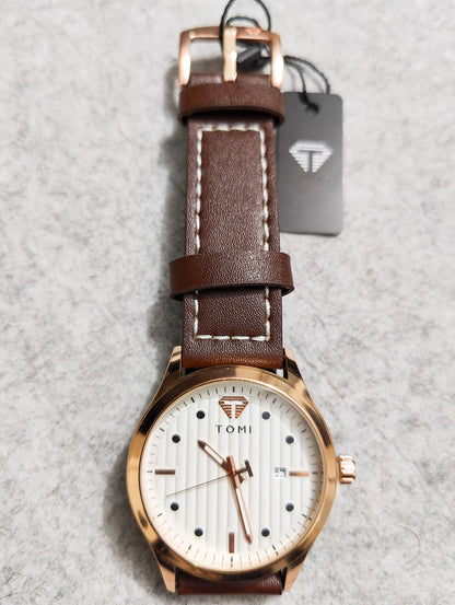 TOMI Luxury White Dial Quartz Watch – Gold Case & Brown Leather Strap with Date