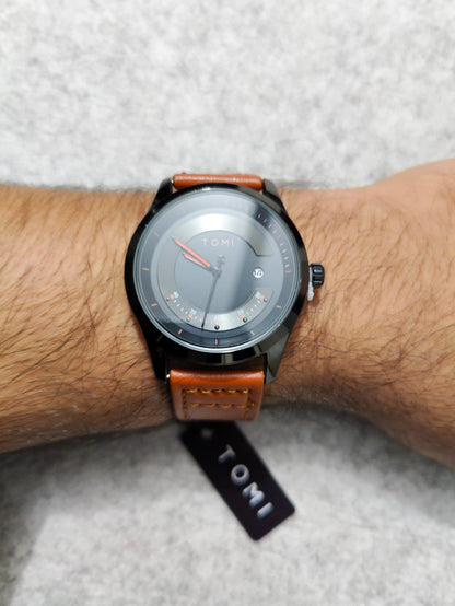 TOMI Silver Quartz Watch – Black Dial with Red Accents & Dark Brown Leather Strap