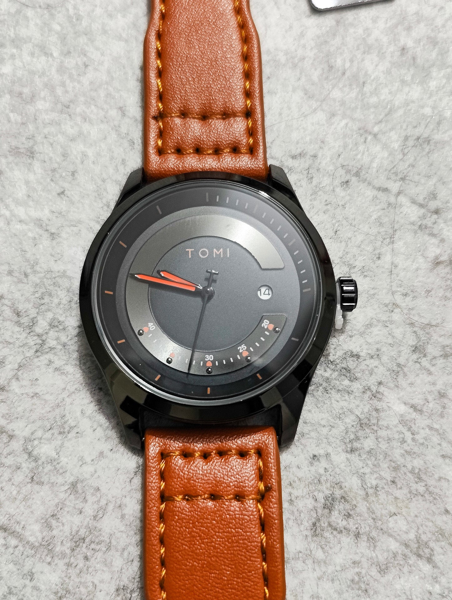 TOMI Silver Quartz Watch – Black Dial with Red Accents & Dark Brown Leather Strap