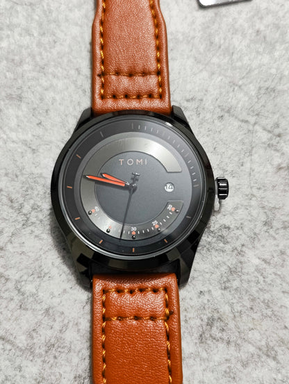 TOMI Silver Quartz Watch – Black Dial with Red Accents & Dark Brown Leather Strap