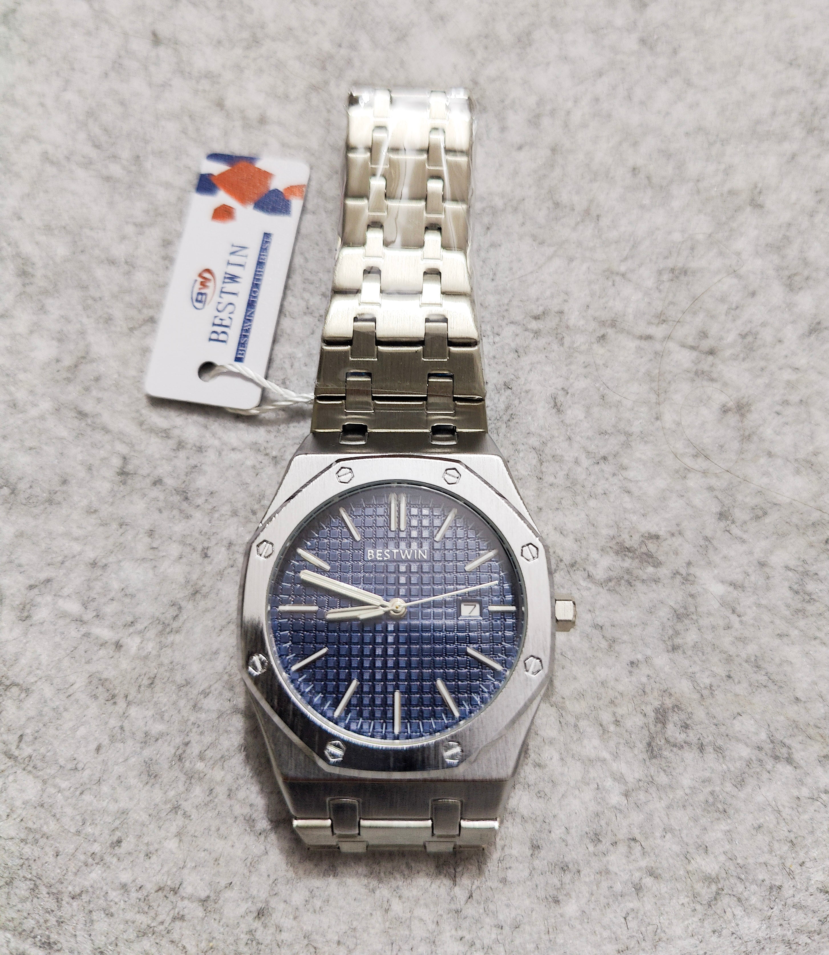 BETSWIN Luxury Blue Dial Silver Chain Quartz Watch with Date – New Arrival