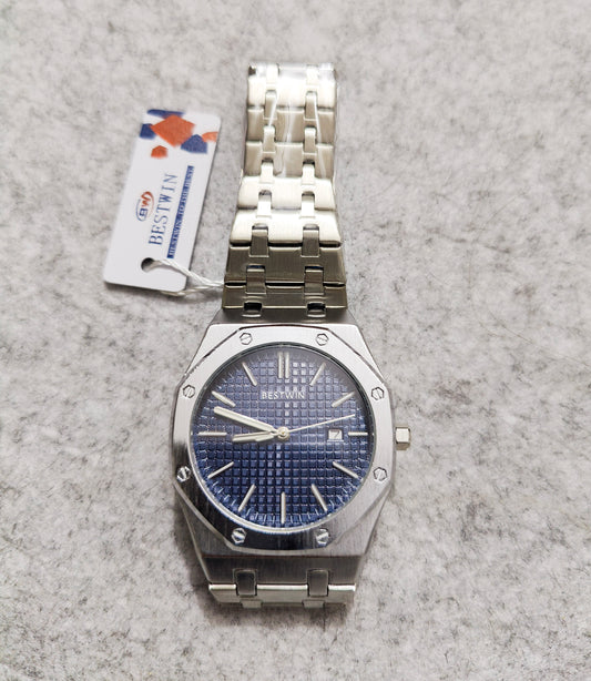 BETSWIN Luxury Blue Dial Silver Chain Quartz Watch with Date – New Arrival