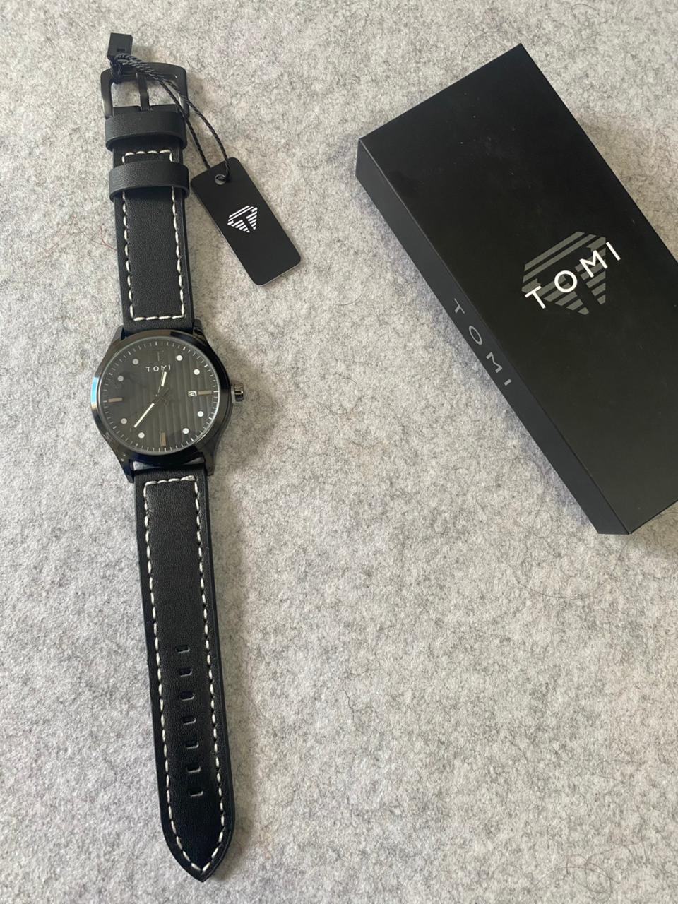 TOMI Luxury White Dial Quartz Watch – Gold Case & Brown Leather Strap with Date