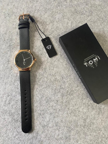 TOMI Minimalist Full Black Quartz Watch – Matte Black Dial & Black Leather Strap with Date