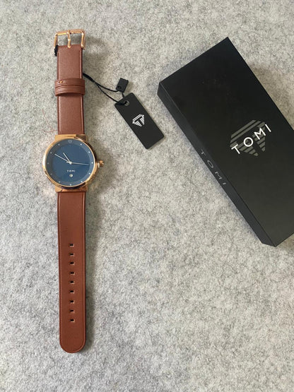 TOMI Minimalist Full Black Quartz Watch – Matte Black Dial & Black Leather Strap with Date