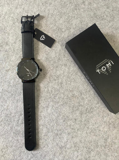 TOMI Minimalist Full Black Quartz Watch – Matte Black Dial & Black Leather Strap with Date