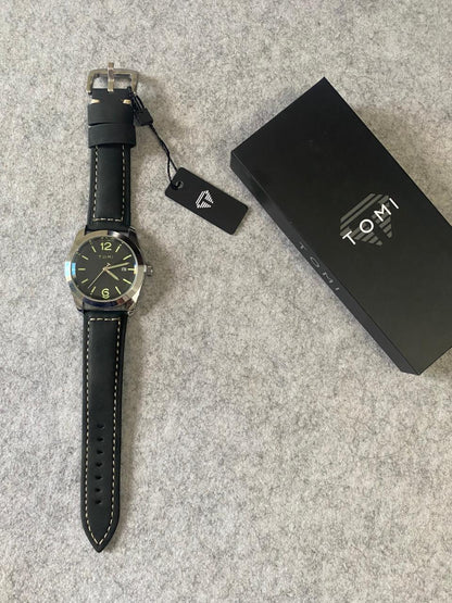 TOMI Blue Dial Quartz Watch – Gold Tone Case with Black Leather Strap