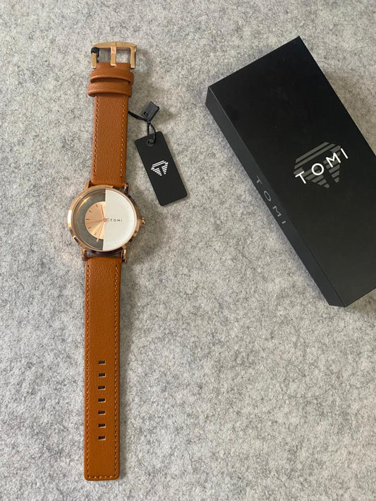 TOMI Minimalist Dual-Tone Quartz Watch – White & Rose Gold Half-Moon Dial with Tan Leather Strap