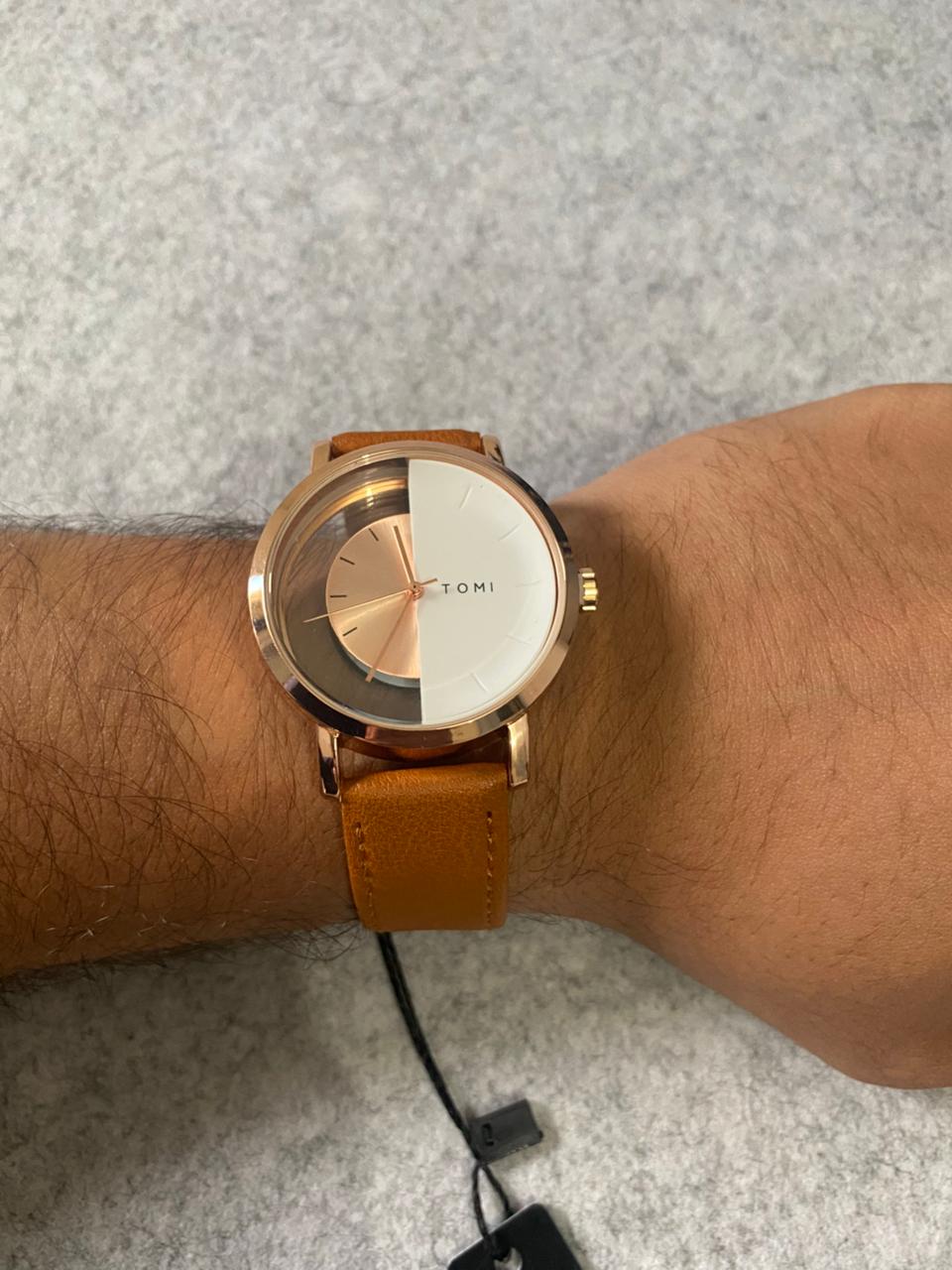TOMI Minimalist Dual-Tone Quartz Watch – White & Rose Gold Half-Moon Dial with Tan Leather Strap
