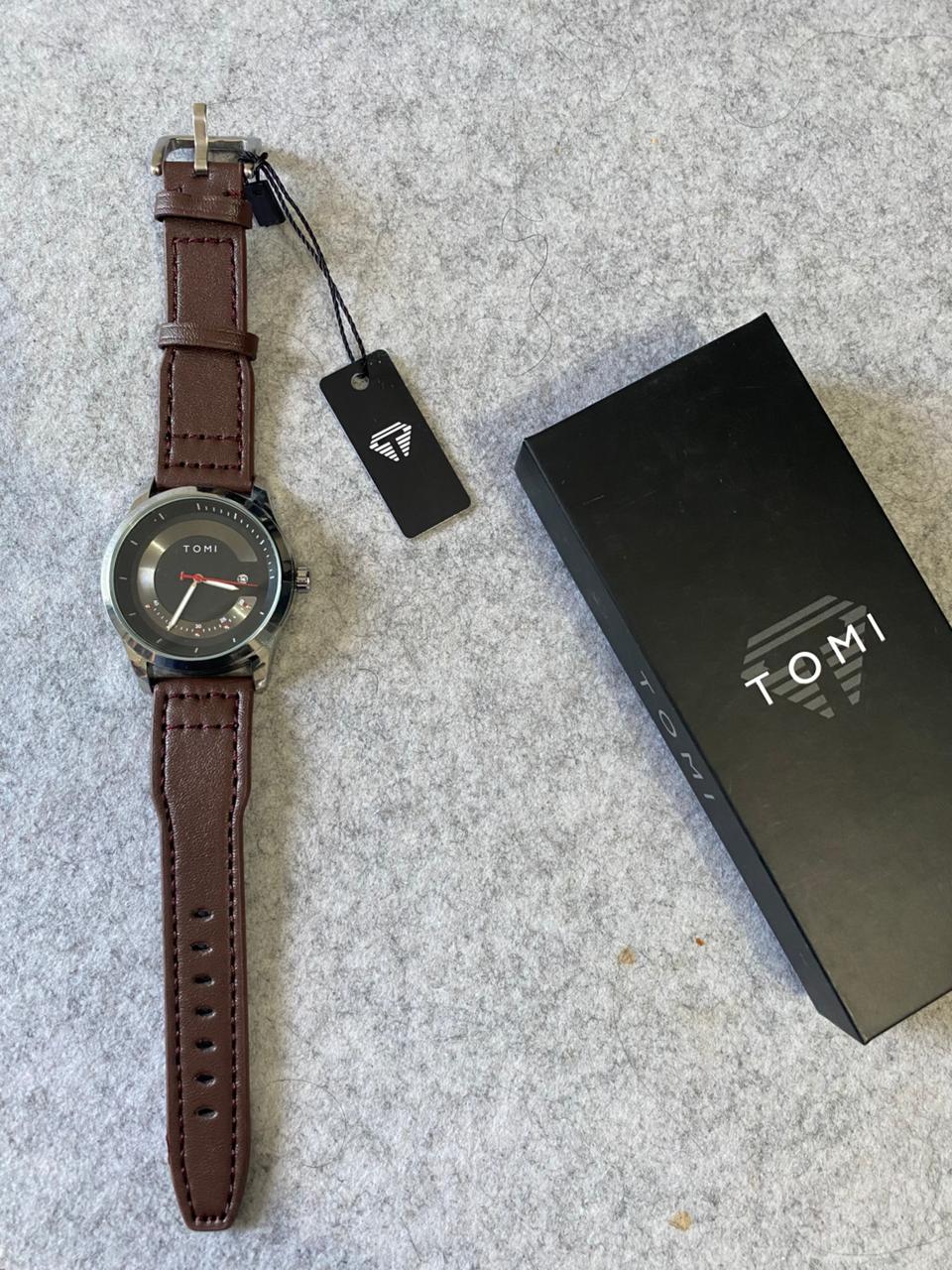 TOMI Silver Quartz Watch – Black Dial with Red Accents & Dark Brown Leather Strap