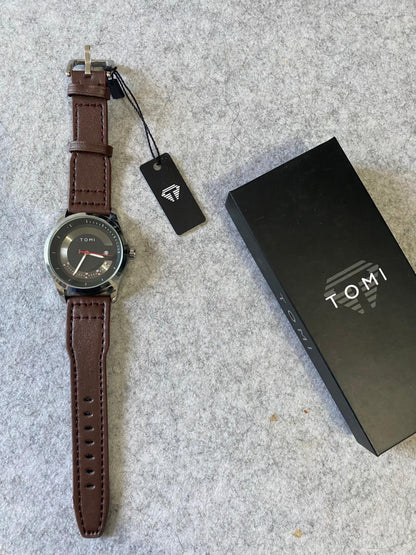 TOMI Silver Quartz Watch – Black Dial with Red Accents & Dark Brown Leather Strap