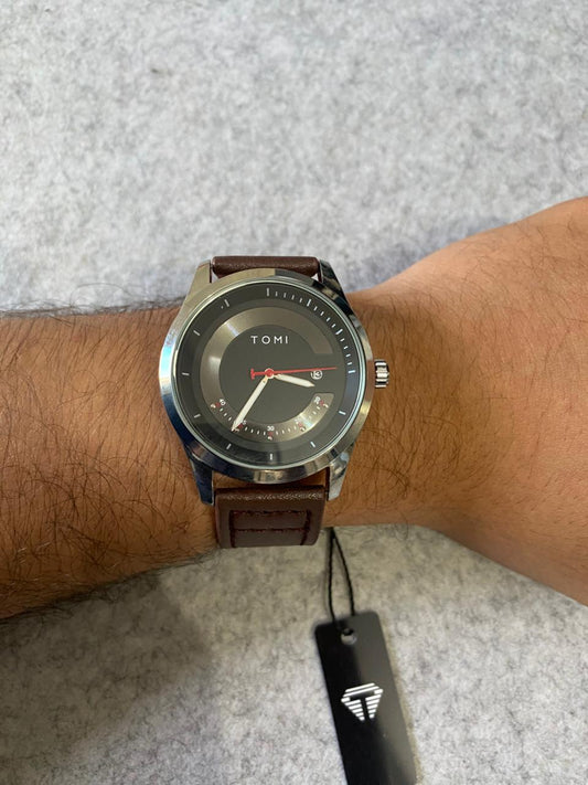 TOMI Silver Quartz Watch – Black Dial with Red Accents & Dark Brown Leather Strap